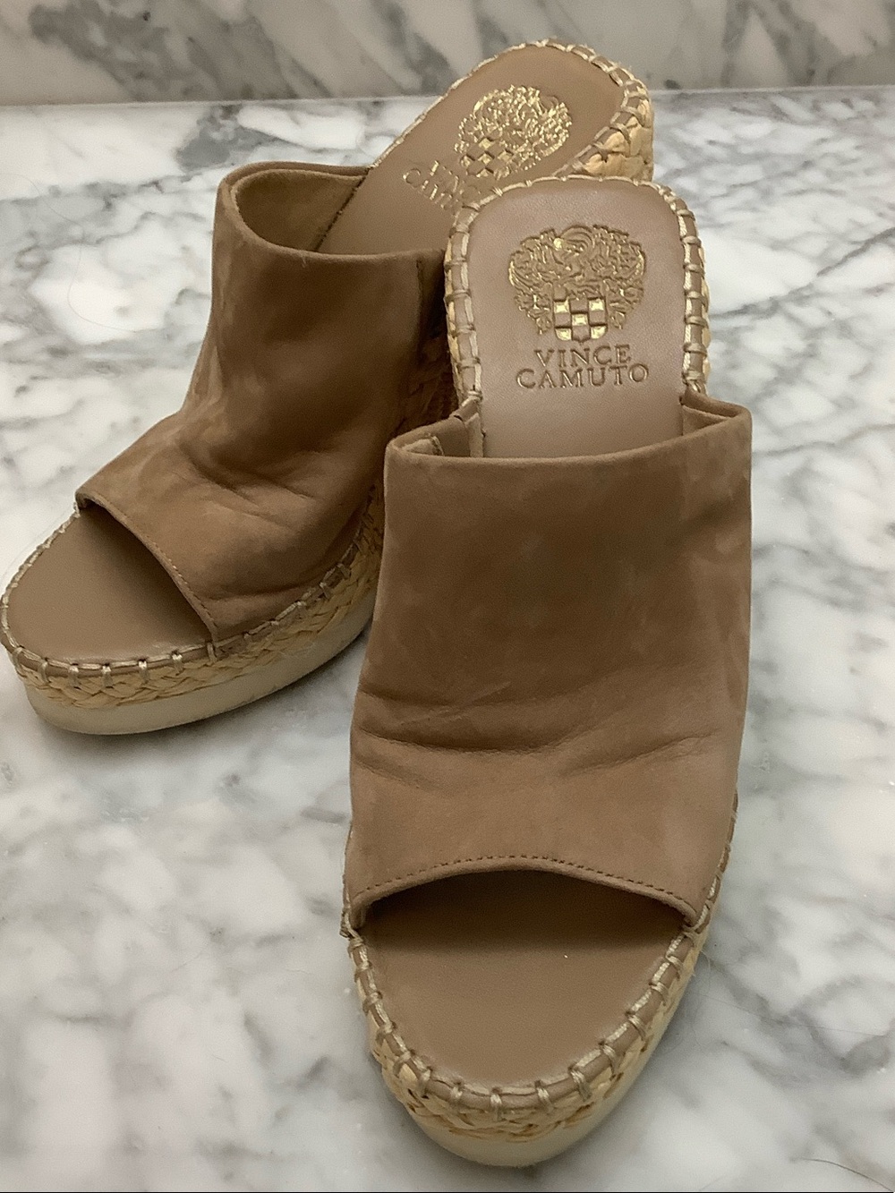 Vince Camuto Suede Tan Espadrille Wedge Mules 7.5